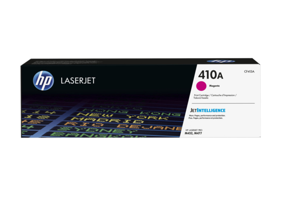 Une boîte de cartouches d'imprimante. La boîte est rose foncé et noire avec le logo HP LaserJet.