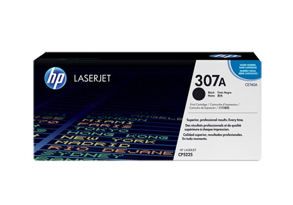 HP LaserJet 307A Schwarztoner-Kartuschenbox. Schwarz-Weiß-Box mit Text und einem Weltkarten-Design.