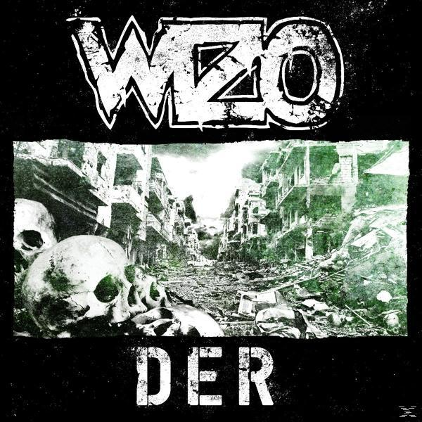 Albumcover von Wizos 'Der' mit Totenköpfen, zerstörten Gebäuden und grünen Akzenten.