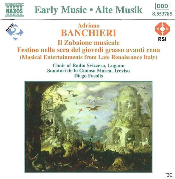 Albumcover mit Text und Gemälde einer Landschaft mit Figuren und Gebäuden.