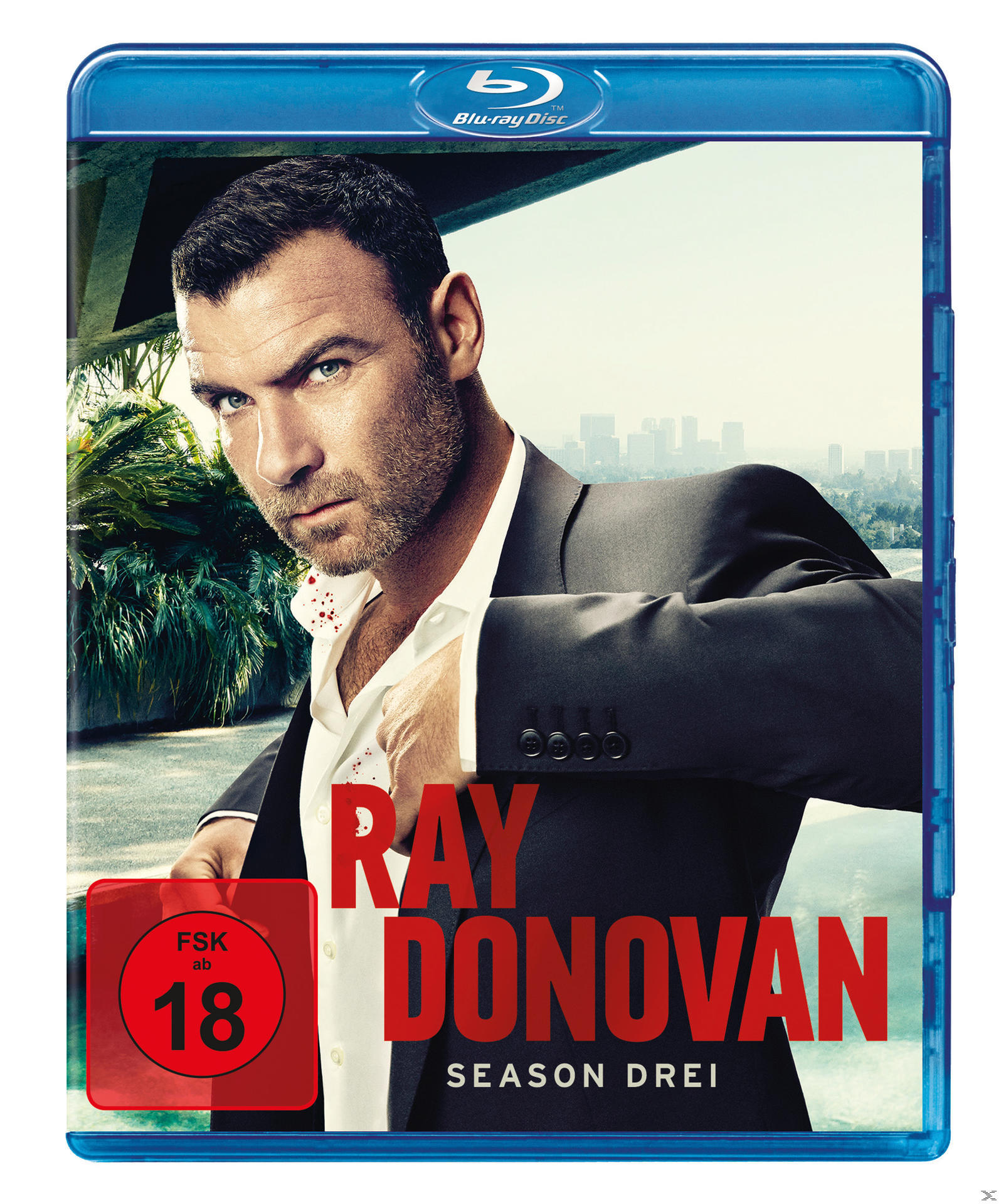 Blu-ray-Cover mit Ray Donovans Gesicht, Titel und einem roten Alterskennzeichen '18'.