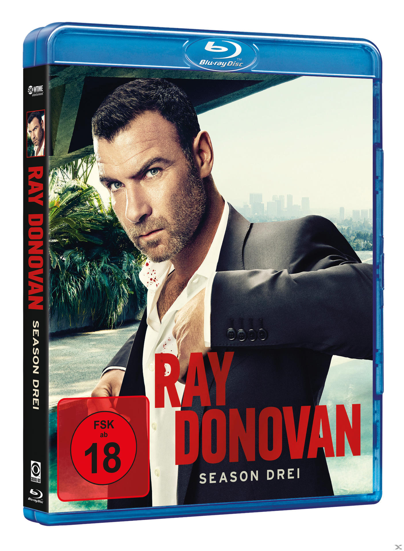 Ray Donovan Staffel 3 Blu-ray-Box. Zeigt Schauspieler Liev Schreiber in einem Anzug.