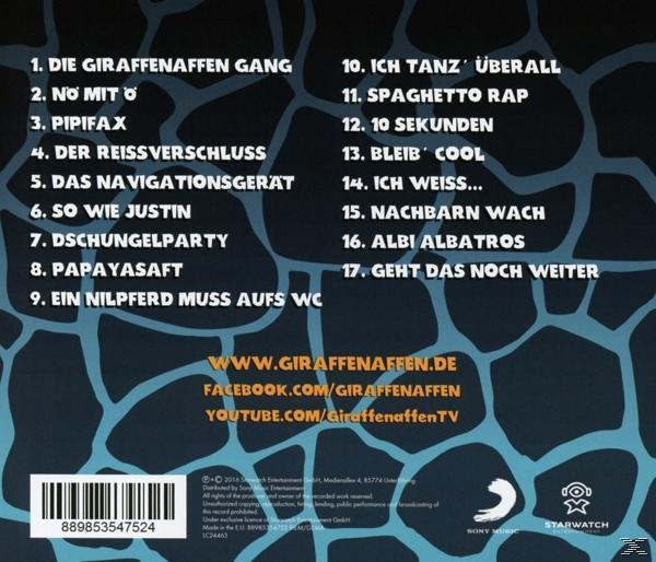 CD-Rückseite. Titelliste auf blau-grünem Hintergrund. Text in Weiß.