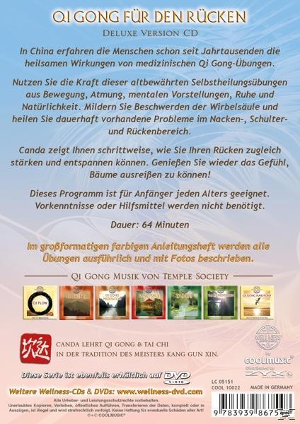 CD-Cover. Text auf Deutsch: Qi Gong für den Rücken. Deluxe-Version CD. Text und Bilder mit Übungsanweisungen.