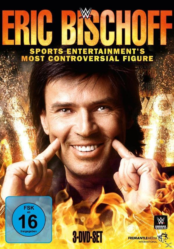 Eric Bischoff DVD-Cover, lächelnd, zeigt auf die Wangen. Flammen im Hintergrund.