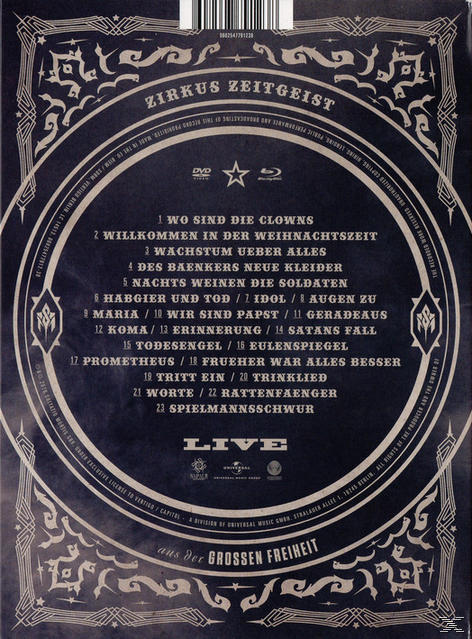 Rückseite einer Zirkus Zeitgeist DVD. Listet 23 Songs auf und hat einen dekorativen Rand.