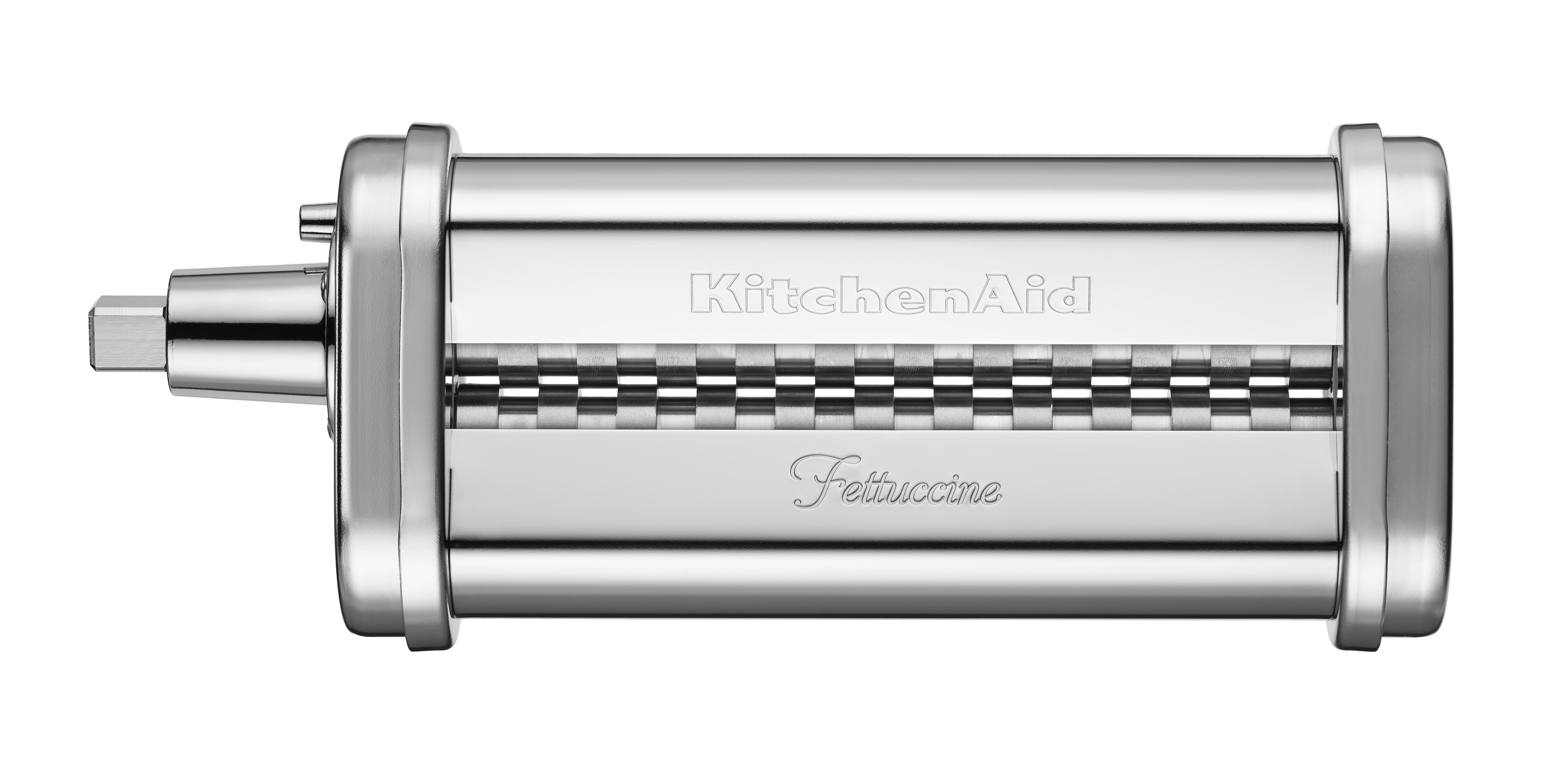 KitchenAid Fettuccine-Nudelmacher, silber, auf weißem Hintergrund.