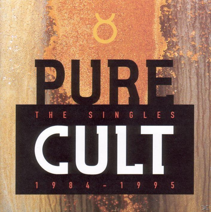 A 'Pure Cult: The Singles 1984-1995' album borítója. Szöveget és egy sárga Bika szimbólumot tartalmaz rozsdás háttéren.