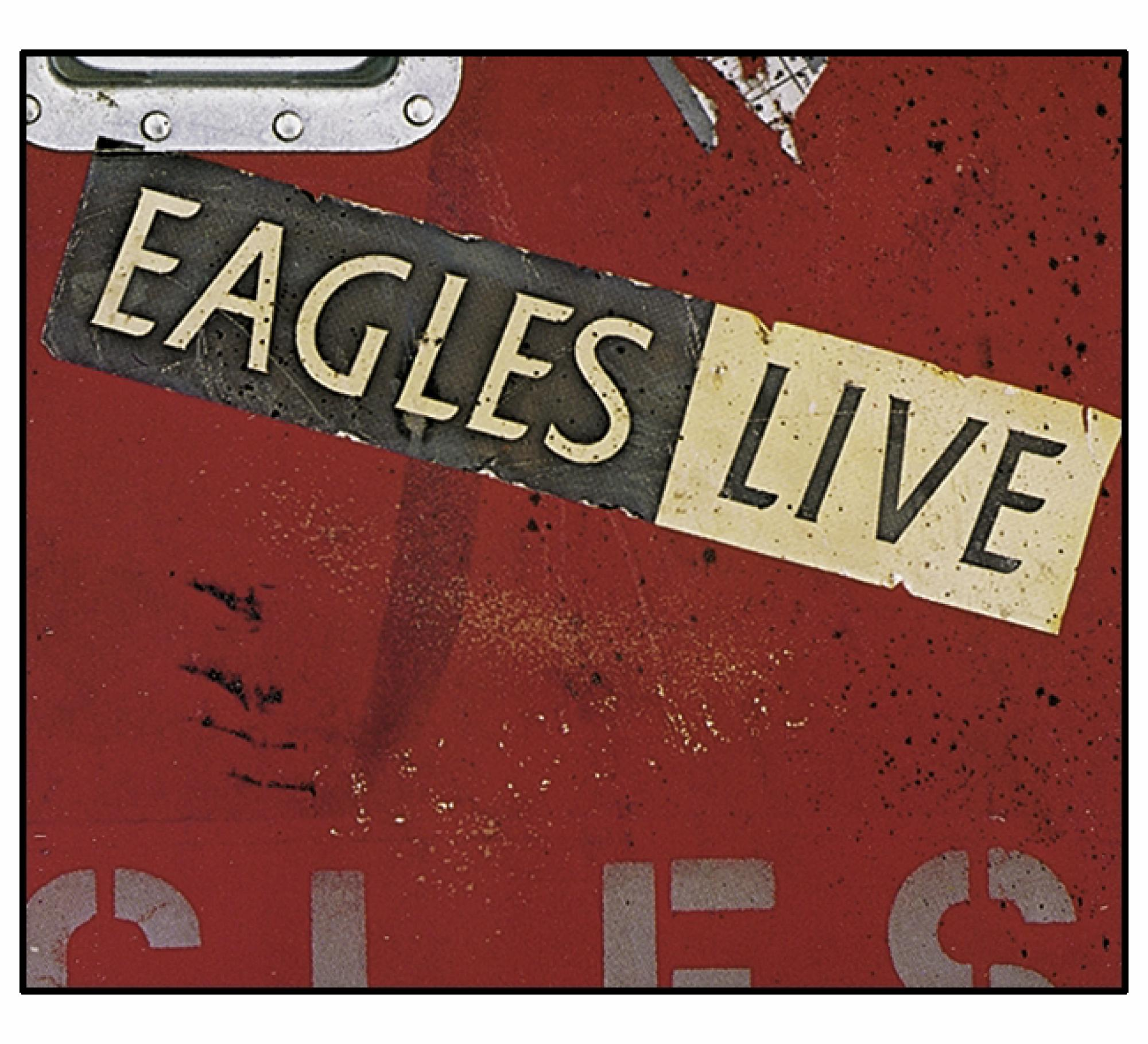 Albumcover: Eagles Live, roter Hintergrund, Eagles Live Text, ein Aufkleber.