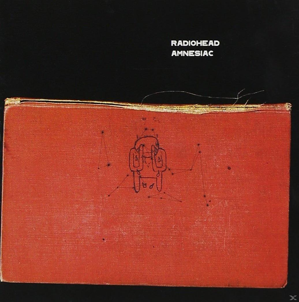 Albumcover mit einem roten Buch mit Radioheads 'Amnesiac'. Schwarzer Hintergrund. Eine Zeichnung ist auf dem Buch.