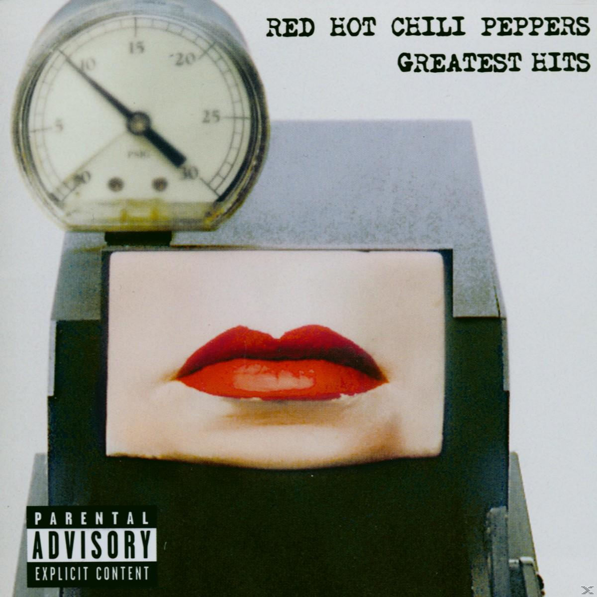 Albumcover: Red Hot Chili Peppers, Greatest Hits. Ein Zifferblatt und rote Lippen. Parental Advisory Label.