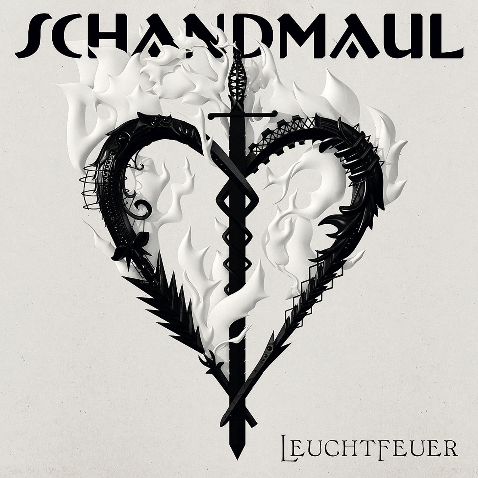 Albumcover mit Schwert, herzförmiger Struktur auf weißem Hintergrund.