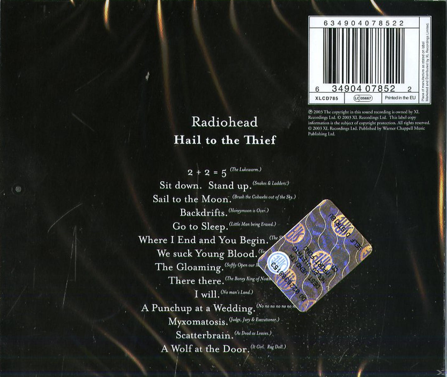 CD-Cover mit Songtiteln, Radiohead Hail to the Thief. Enthält einen Aufkleber und Barcode.