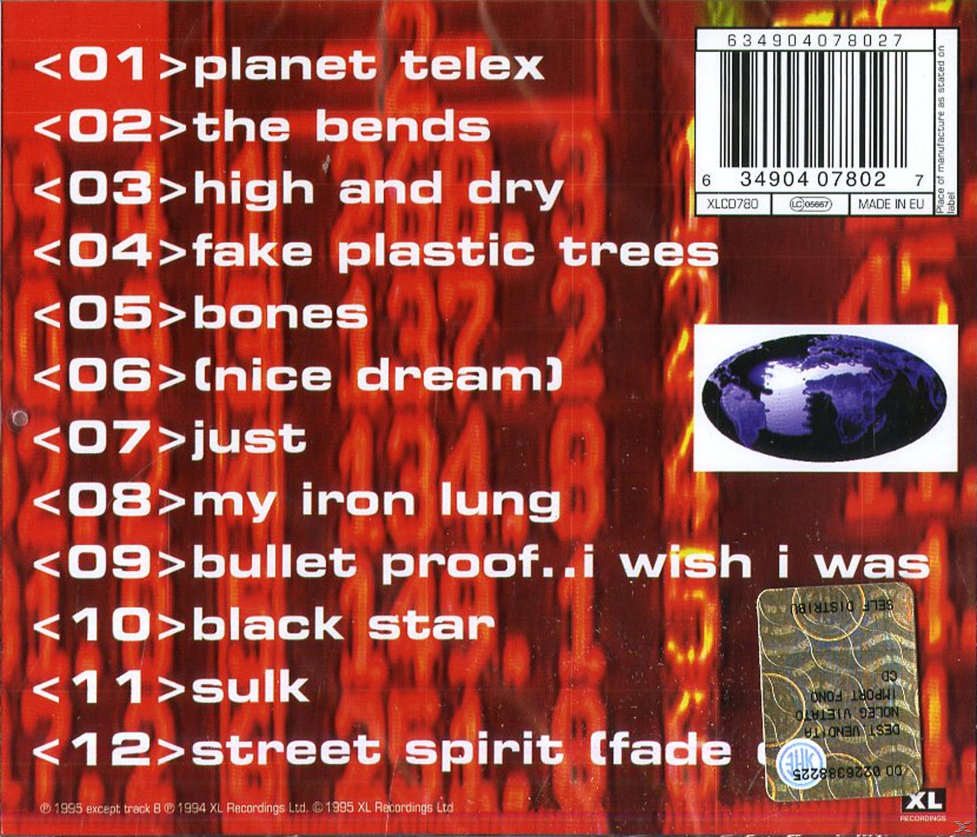 CD-Rückseite mit Titelliste und Barcode. Enthält ein Weltkartenbild und einen Aufkleber.