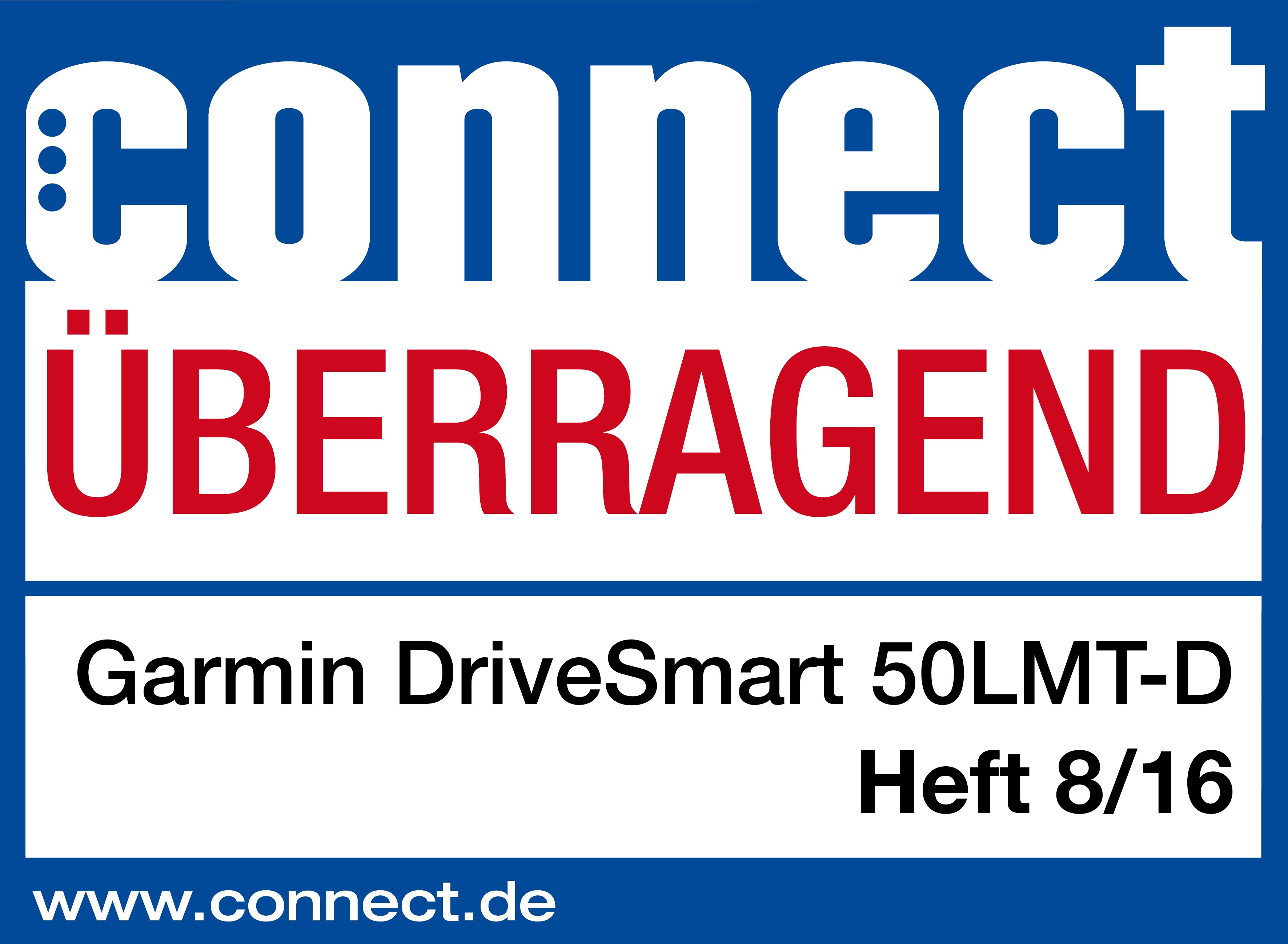 Connect-Abzeichen mit Text über Garmin DriveSmart 50LMT-D, Heft 8/16.