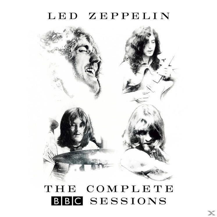 Albumcover von Led Zeppelins 'The Complete BBC Sessions' mit Bandmitgliedern in Schwarzweiß.