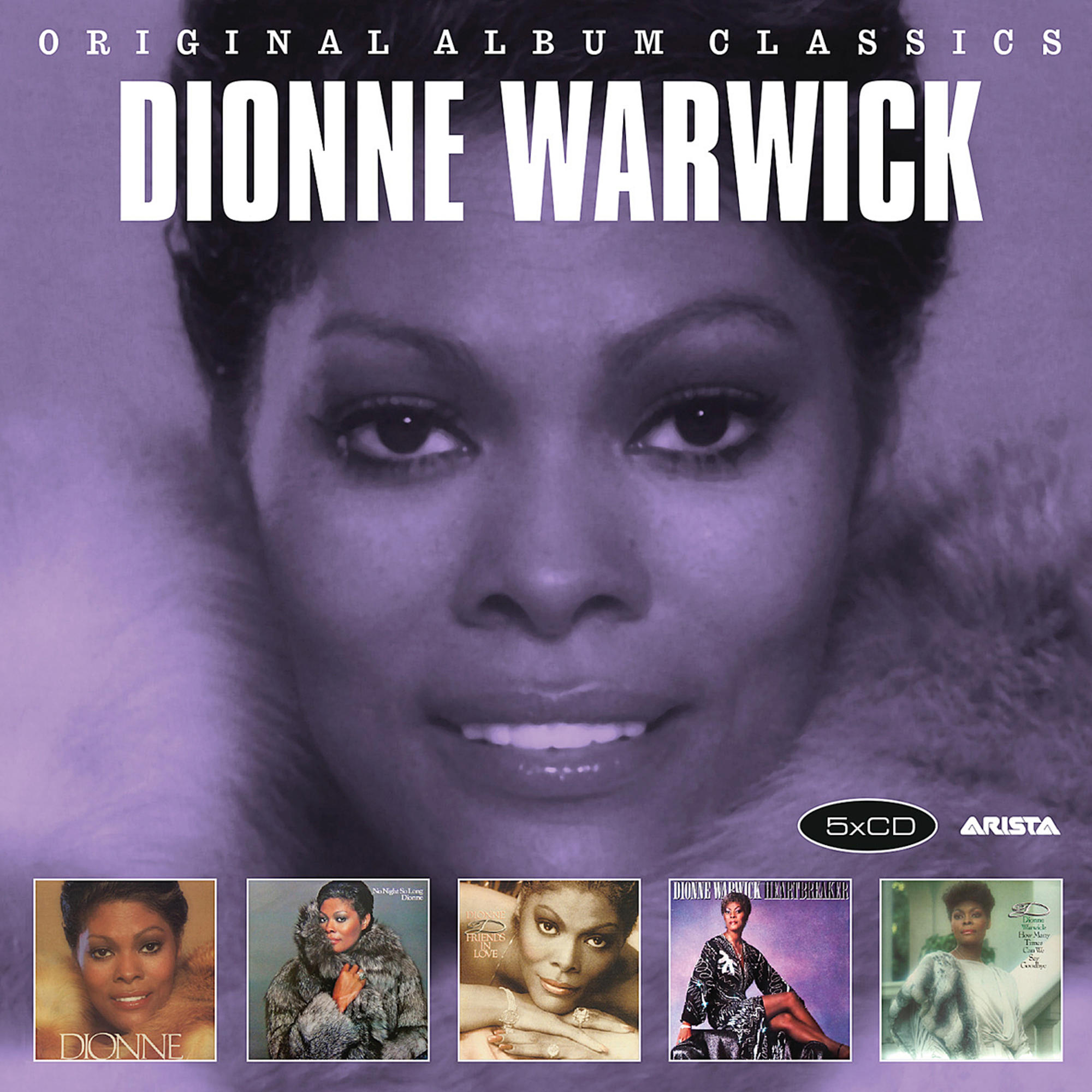 Albumcover von Dionne Warwick. Nahaufnahme ihres Gesichts mit Text darüber. Enthält kleinere Albumcover darunter.