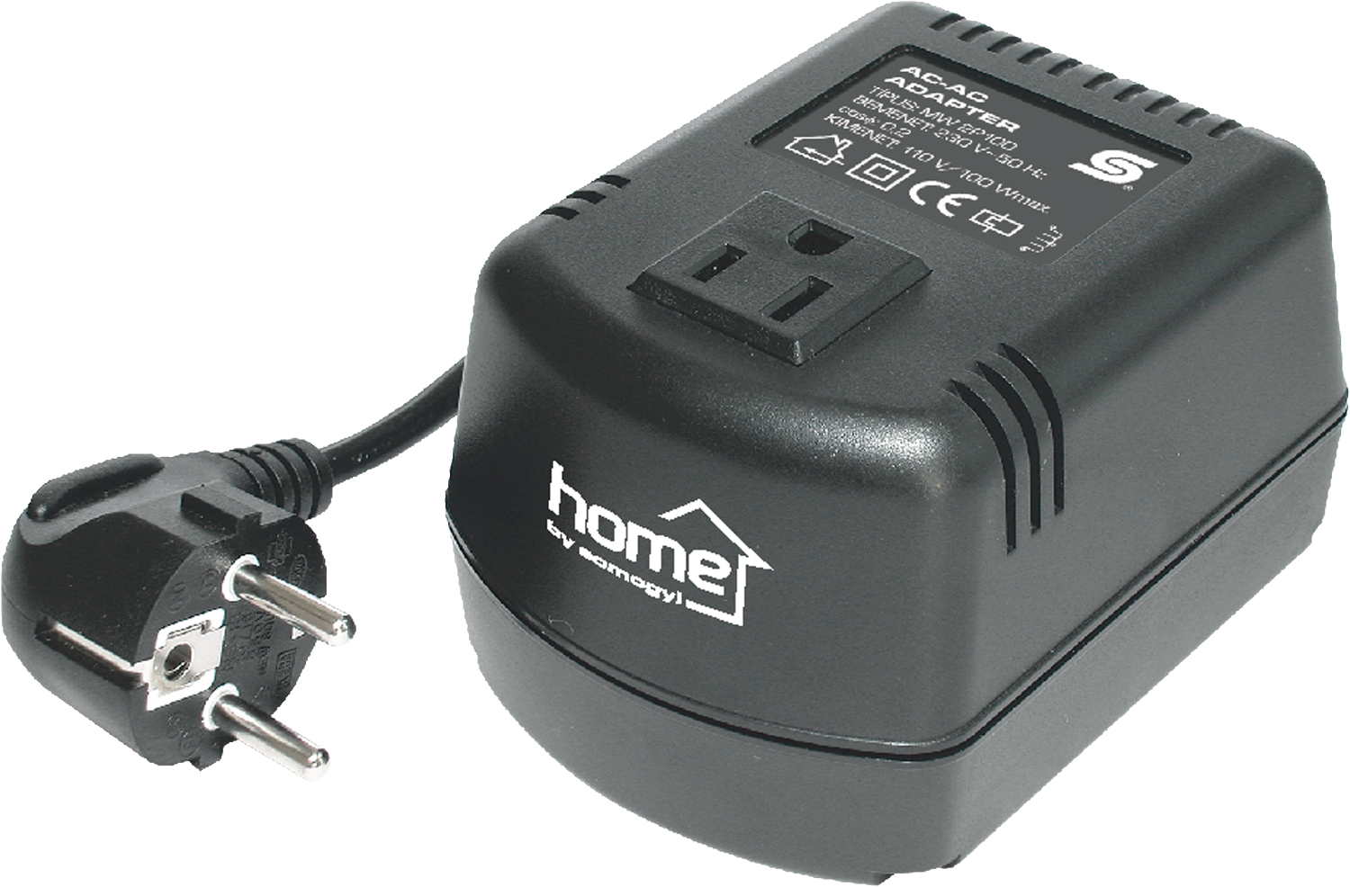 Egy fekete AC-AC adapter dugóval és aljzattal. A 'home' márkanév látható.