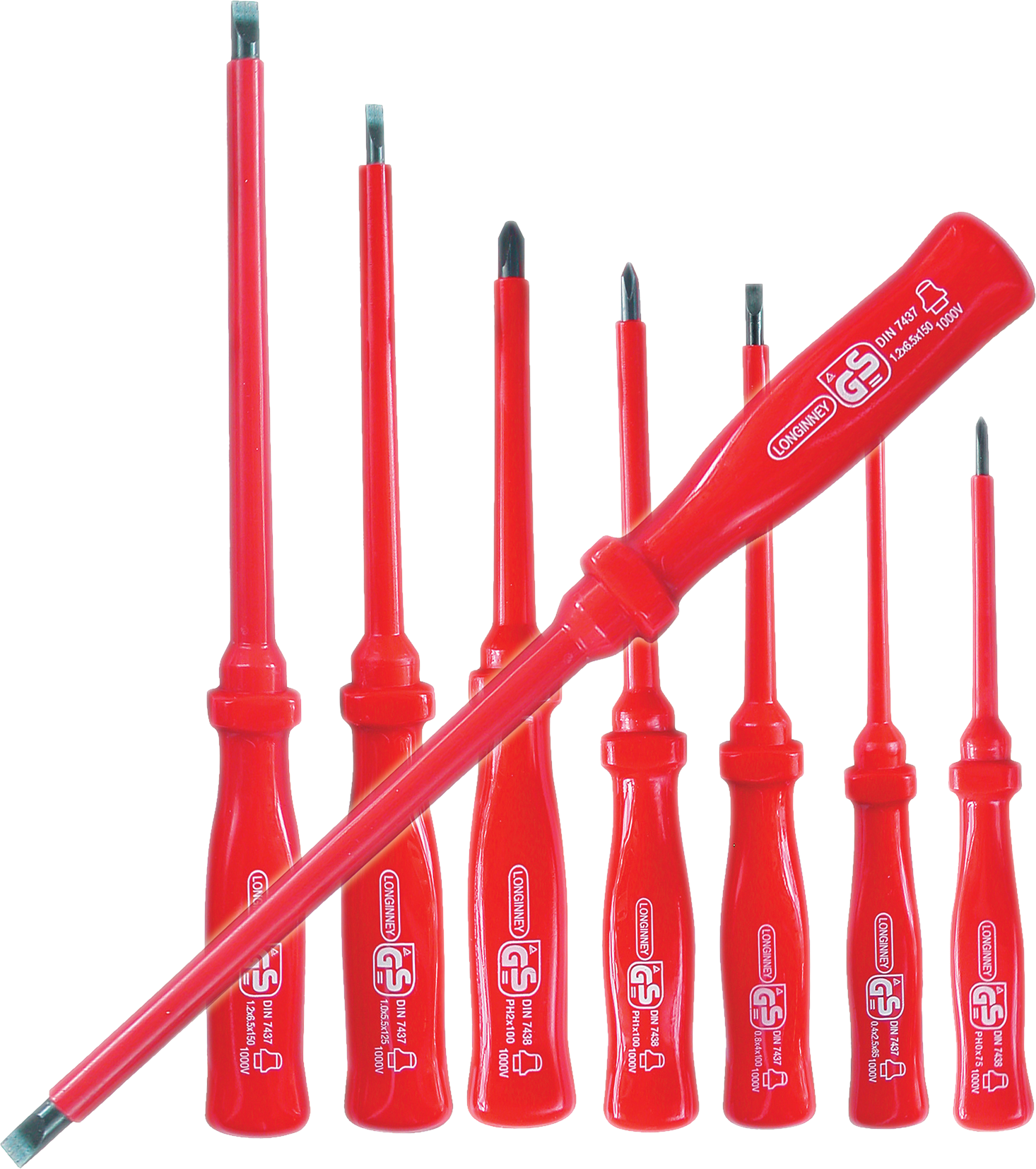 Piros csavarhúzókészlet, különböző méretben, piros nyéllel, fekete háttéren.