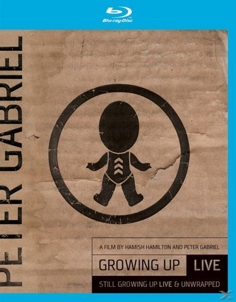DVD-Cover. Schwarze Figur in einem Kreis. Titel: 'PETER GABRIEL GROWING UP LIVE'. Brauner Hintergrund.