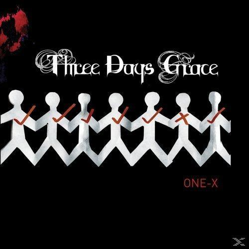 Albumcover mit Papieraussparungen von Personen, die Hände halten. 'Three Days Grace' und 'ONE-X'.