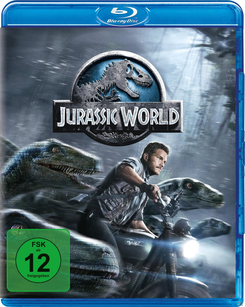 Blu-ray-Cover für Jurassic World mit einem Mann auf einem Motorrad und Dinosauriern.
