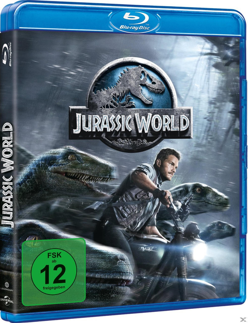 Blu-ray-Cover für 'Jurassic World' mit Mann auf Motorrad, von Dinosauriern gejagt.