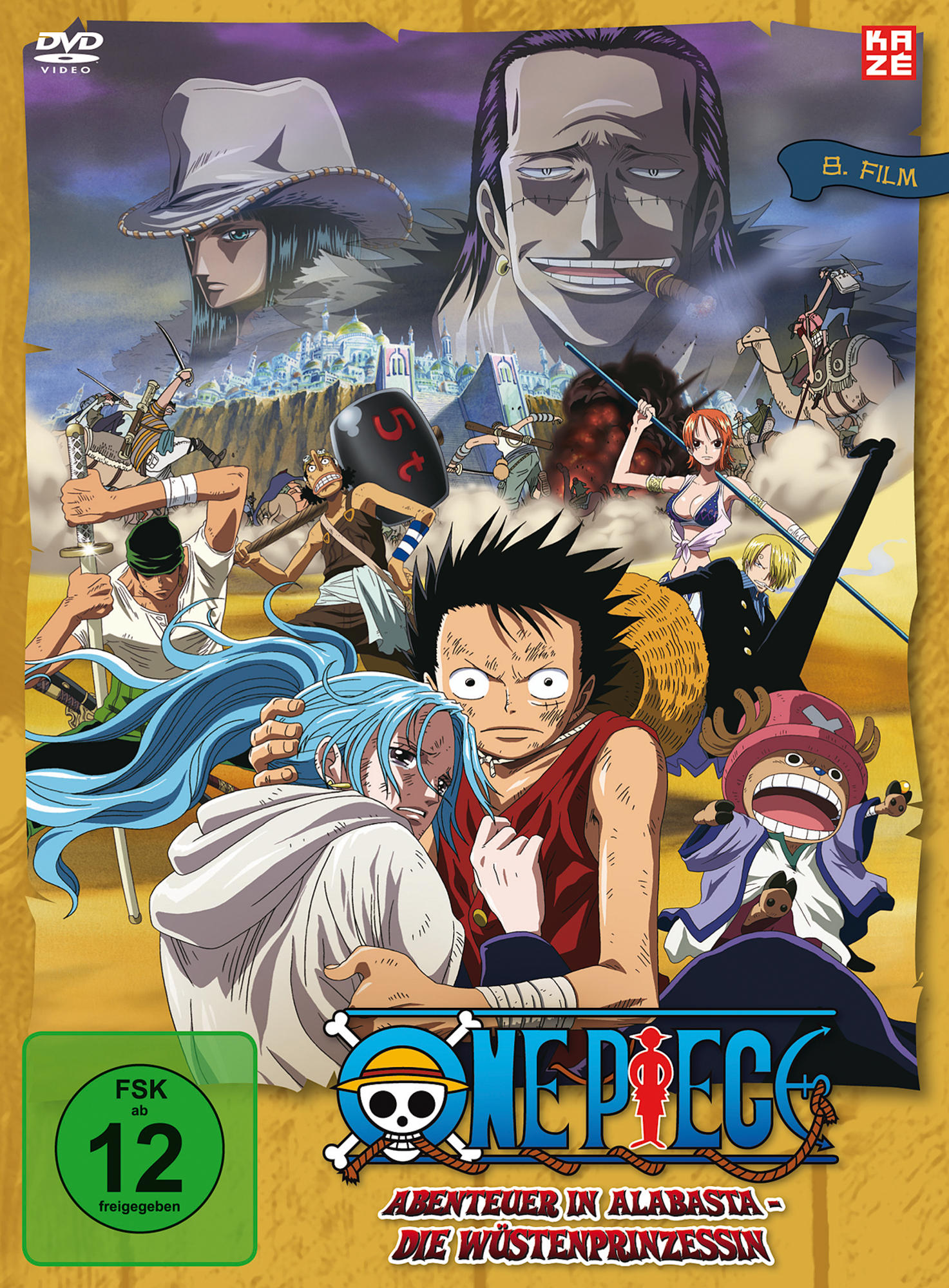 DVD-Cover des Anime One Piece. Enthält verschiedene Zeichentrickfiguren mit einem lebendigen Hintergrund.