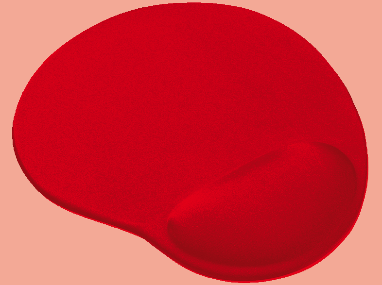 Açık gri zemin üzerinde, bilek desteği olan siyah ergonomik mouse pad. Oval şekil.