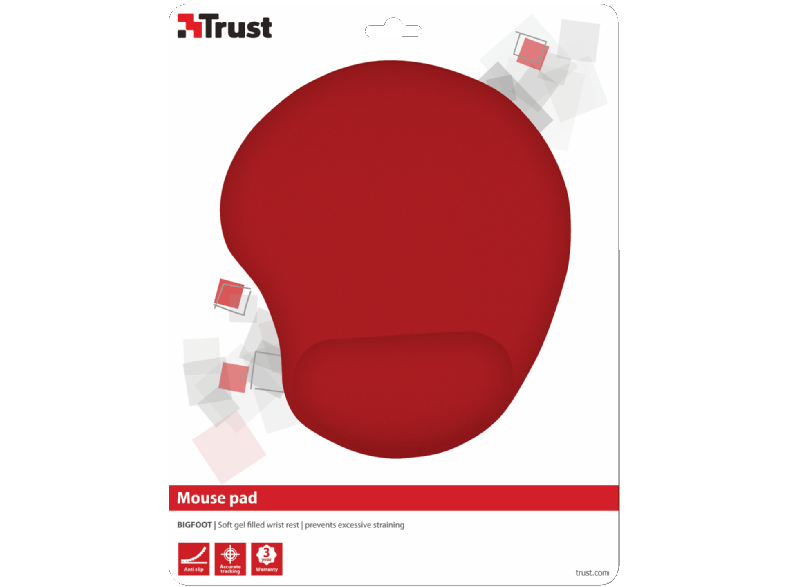 Jel dolgulu bilek desteği olan siyah mouse pad. Trust logosu ve ürün bilgileri içeren beyaz ambalaj.