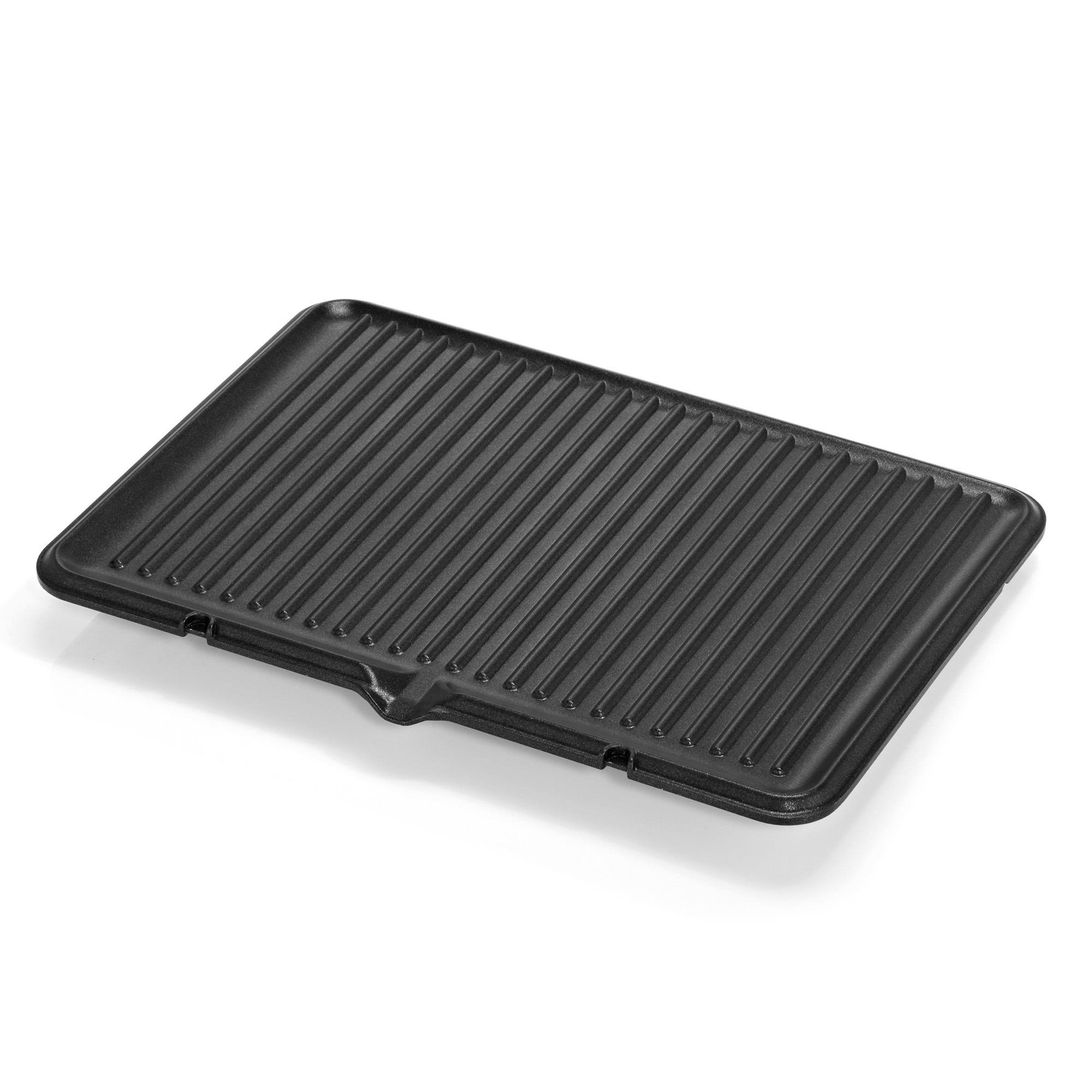 Eine schwarze Grillpfanne mit Rillen, von oben auf weißem Hintergrund gesehen. Die Pfanne hat einen Griff.