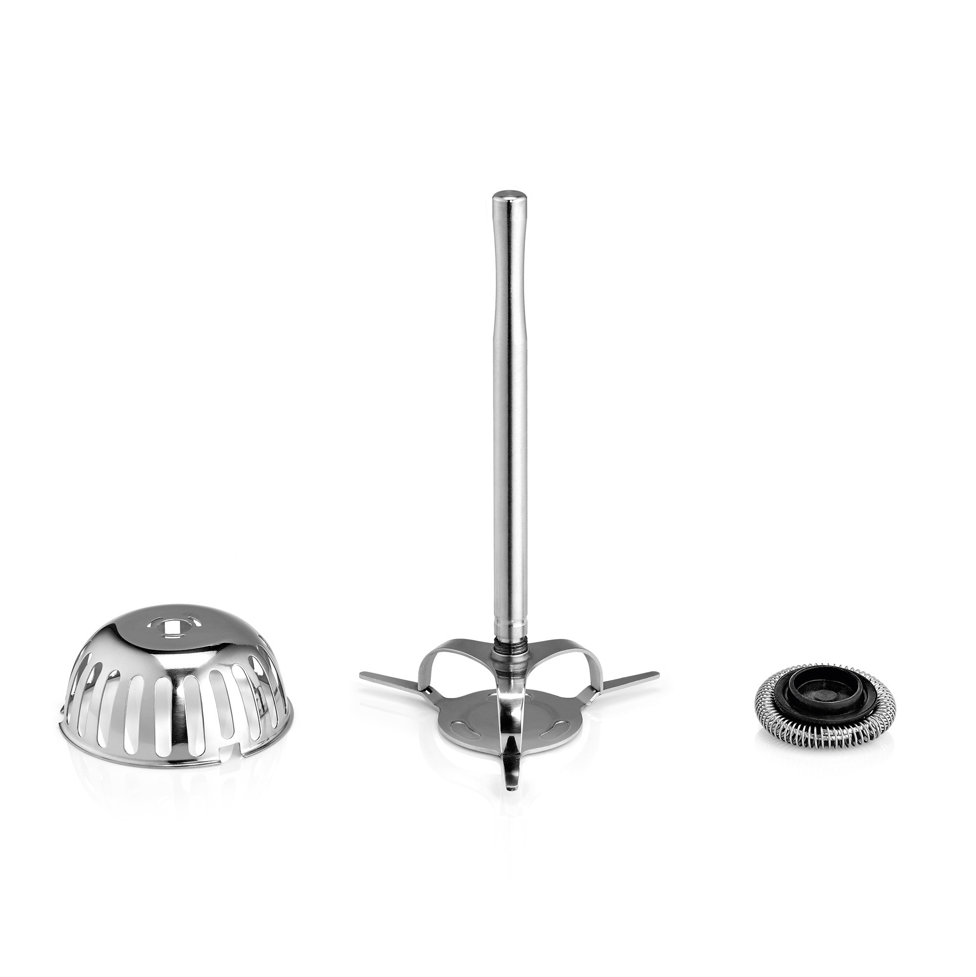 Drei Edelstahl-Blenderteile: Klingenbaugruppe, Klingenschutz und eine kleine Klinge zum Aufschäumen.