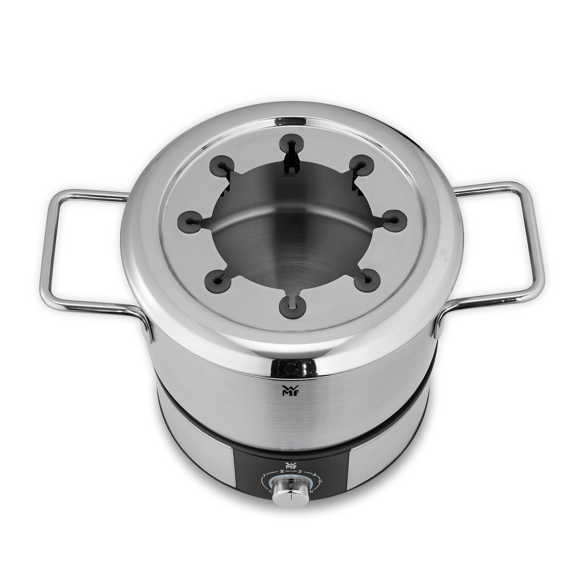 Pot à fondue en acier inoxydable avec poignées et une base noire avec un cadran.