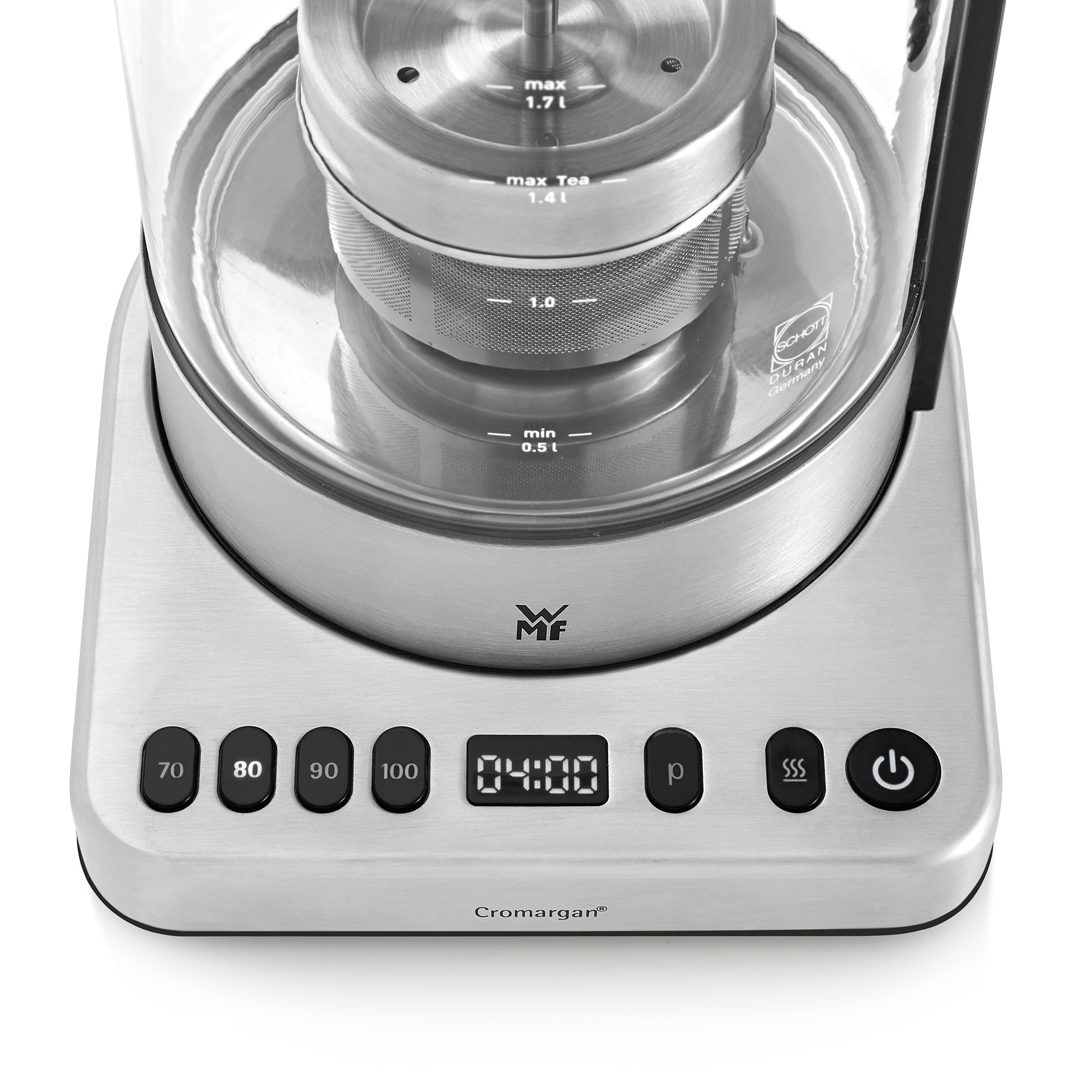 Elektrischer Teekessel aus Edelstahl mit Knöpfen und Digitalanzeige, Glaskuppel mit Tee-Infuser.