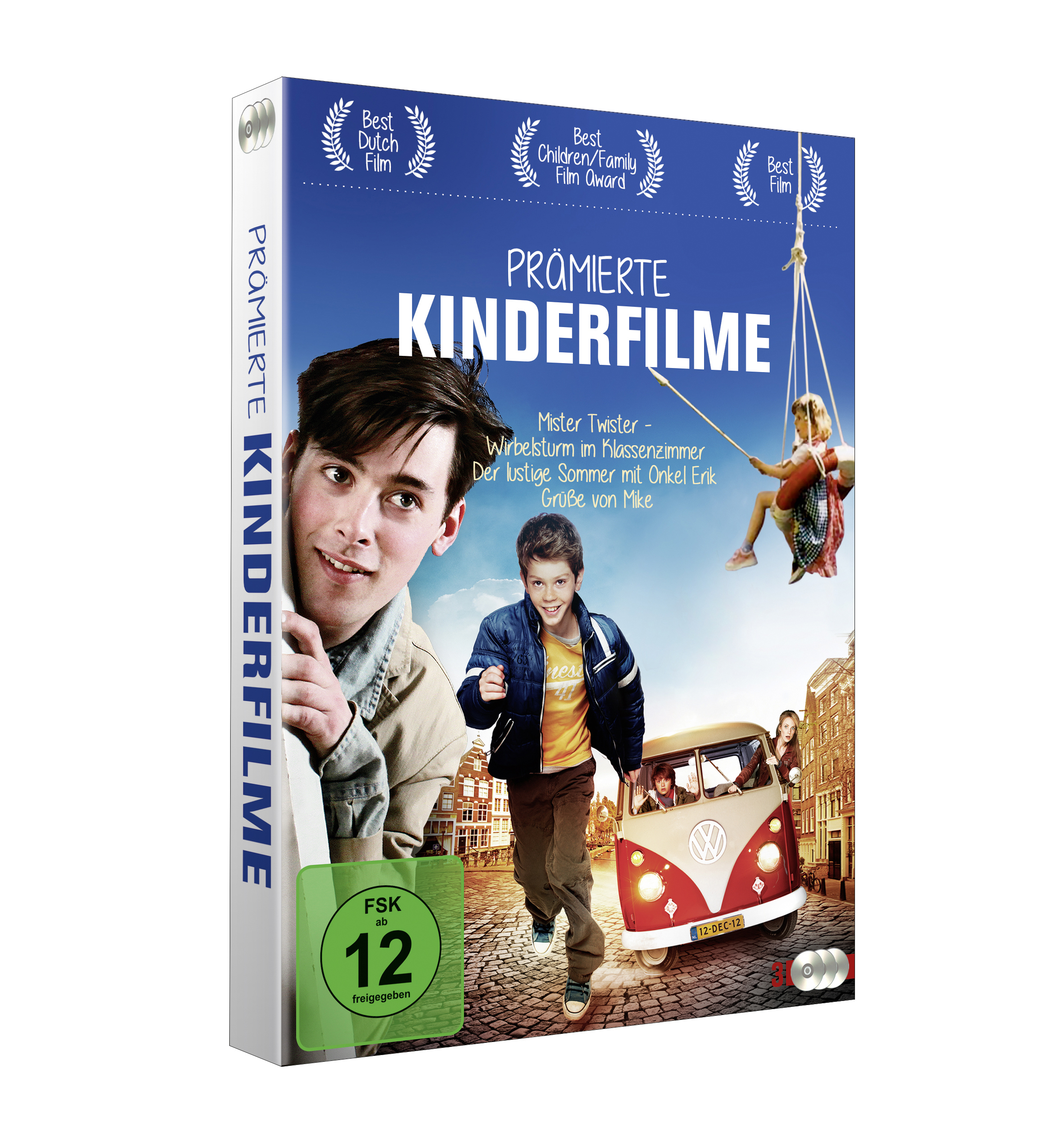DVD-Cover eines Films. Ein Junge rennt, ein Mann auf einer Schaukel und ein rot-weißer Van sind in der Szene.
