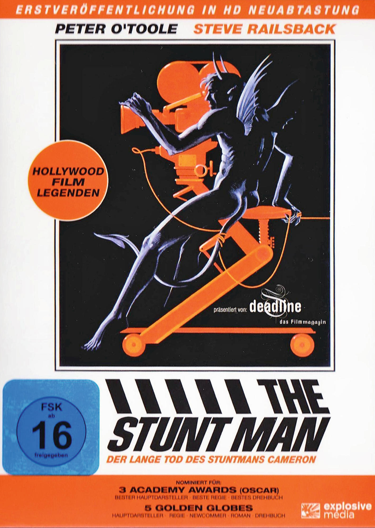 DVD-Cover für 'The Stunt Man'. Zeigt eine teuflische Figur, Kamera und Text auf schwarzem Hintergrund. Farben: Orange, Schwarz.