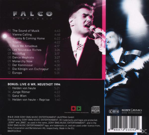 Rückseite einer Falco Symphonic CD, mit Titelliste und einem Bild des Künstlers.