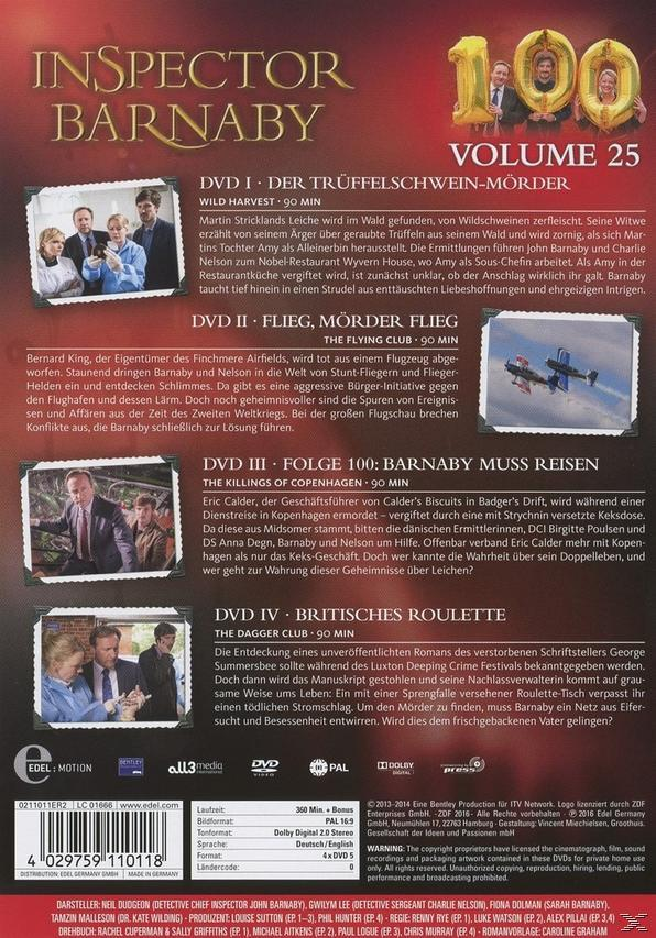 DVD-Cover mit Text und Bildern der Inspector Barnaby-Serie. Band 25. Merkmale umfassen den Haupttitel und Episodendetails.