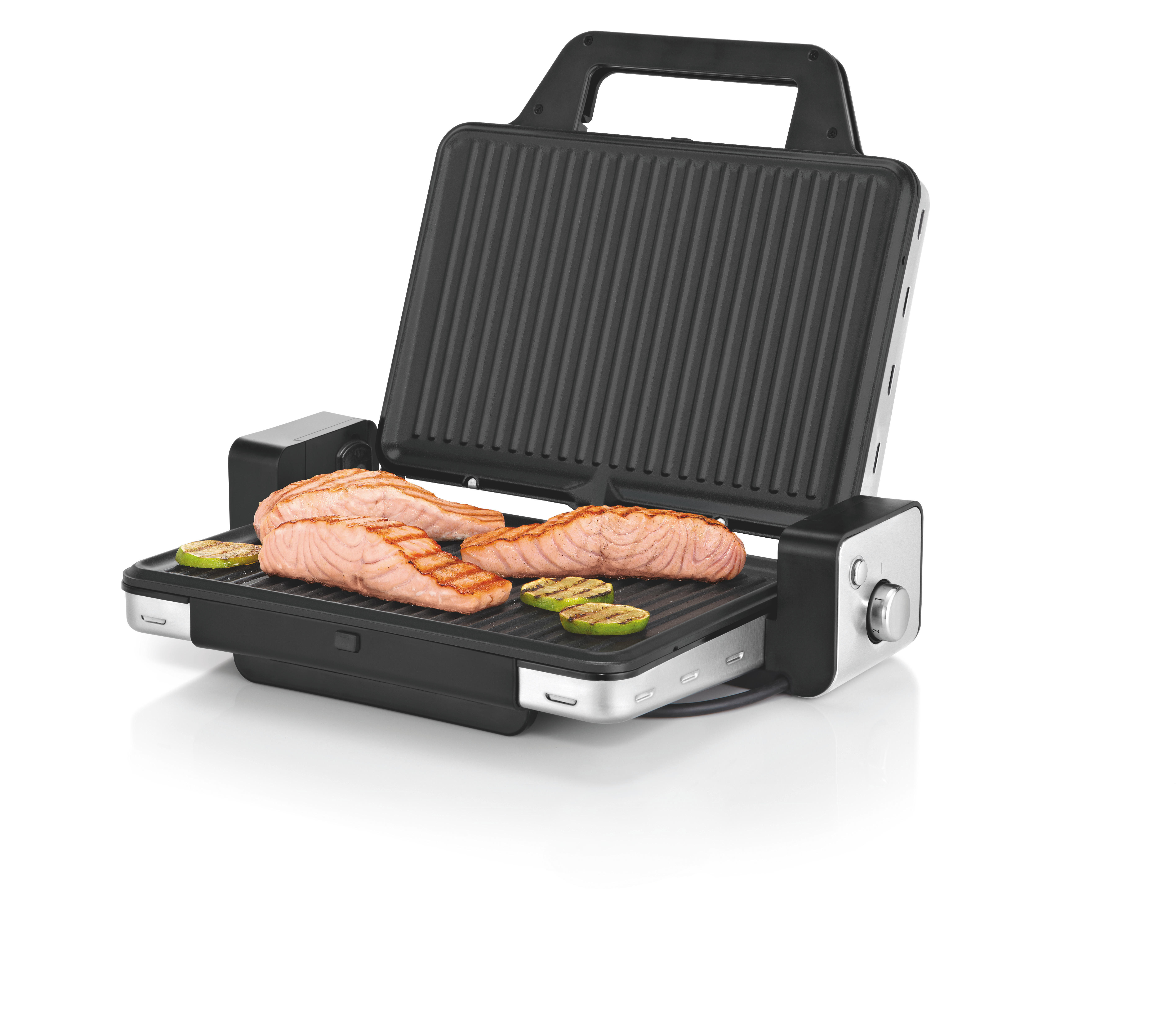 Elektrischer Grill mit gegrilltem Lachs und Zucchini. Schwarz-Silber-Design.