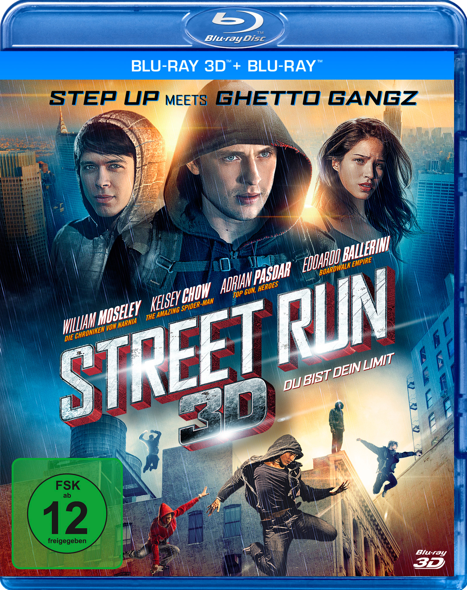 Blu-ray-Cover eines Films, Street Run 3D. Enthält drei Schauspieler und einen Hintergrund der Stadt.