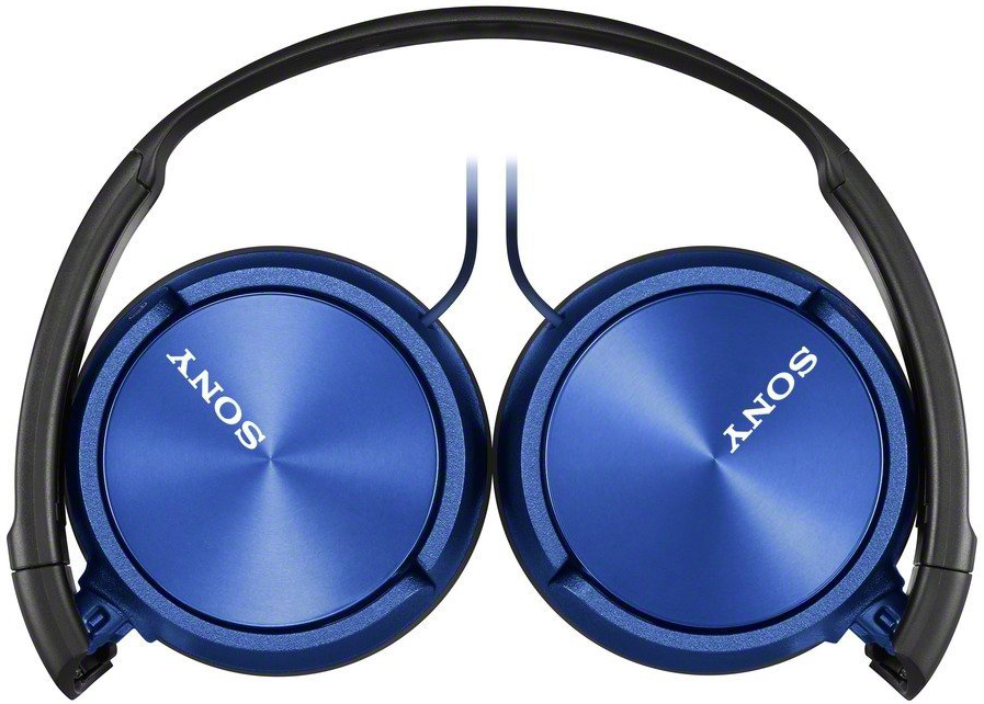 Blauwe Sony-koptelefoon met zwarte band, opgevouwen.