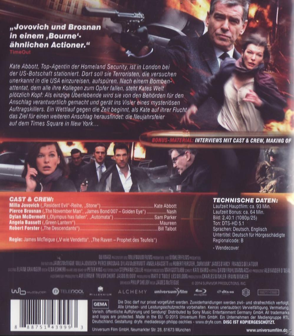 Filmcover. Schauspieler in einer Szene. Text: „Jovovich und Brosnan, ein Actionheld.“