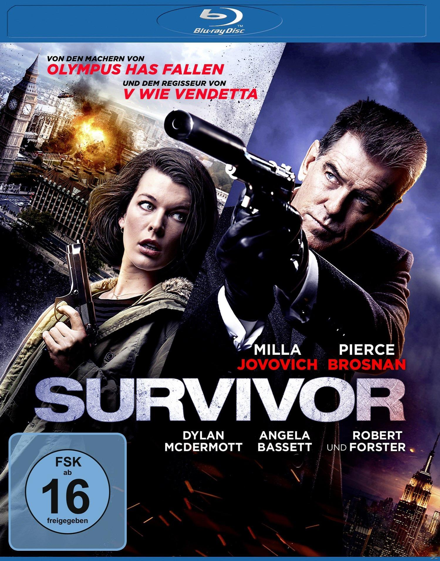 DVD-Cover für den Film "Survivor". Mit Milla Jovovich und Pierce Brosnan mit Waffen.