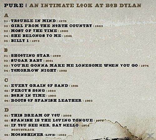 Album-Trackliste für Bob Dylan, mit Songtiteln und Jahreszahlen. Beigefarbener Hintergrund mit Text.
