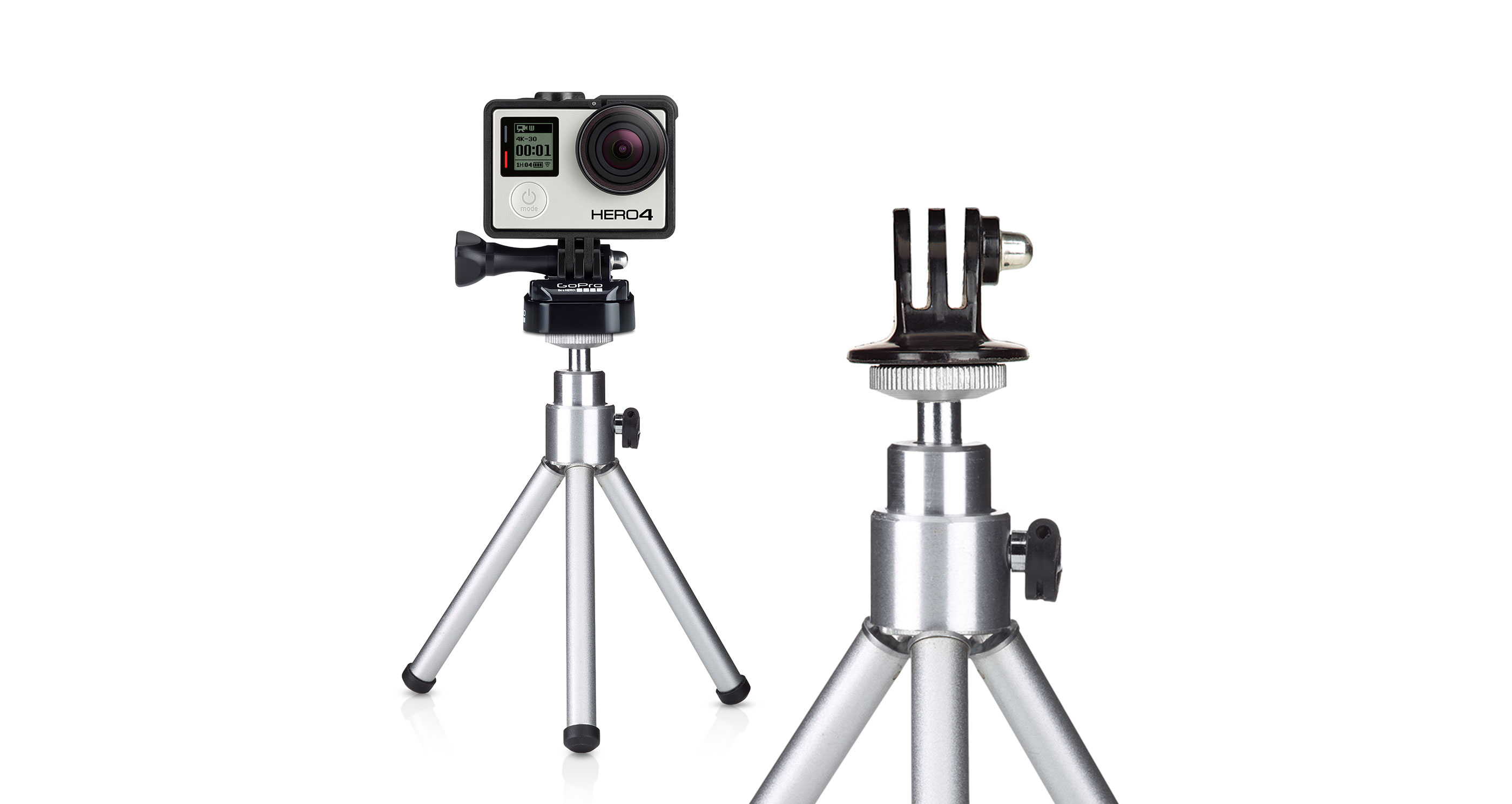Two mini tripods on white background. One has a GoPro camera, the other one does not.