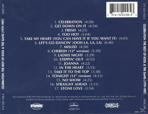 CD-Cover für „Celebration: The Best of Kool & The Gang (1979-1987)“ mit Trackliste auf dunkelblauem Hintergrund.