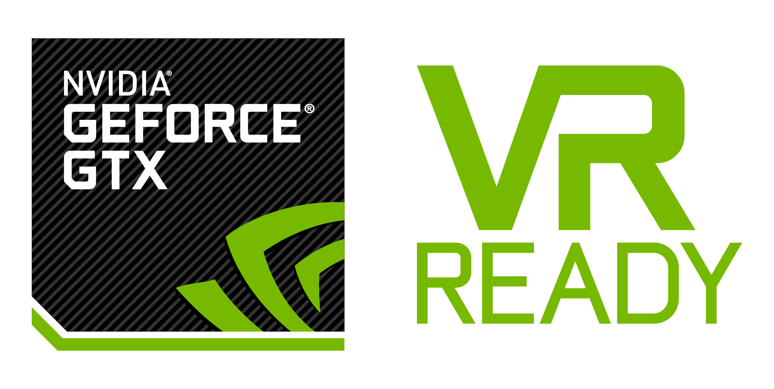 Logos: NVIDIA GeForce GTX und VR READY in Grün und Weiß auf schwarzem Hintergrund.