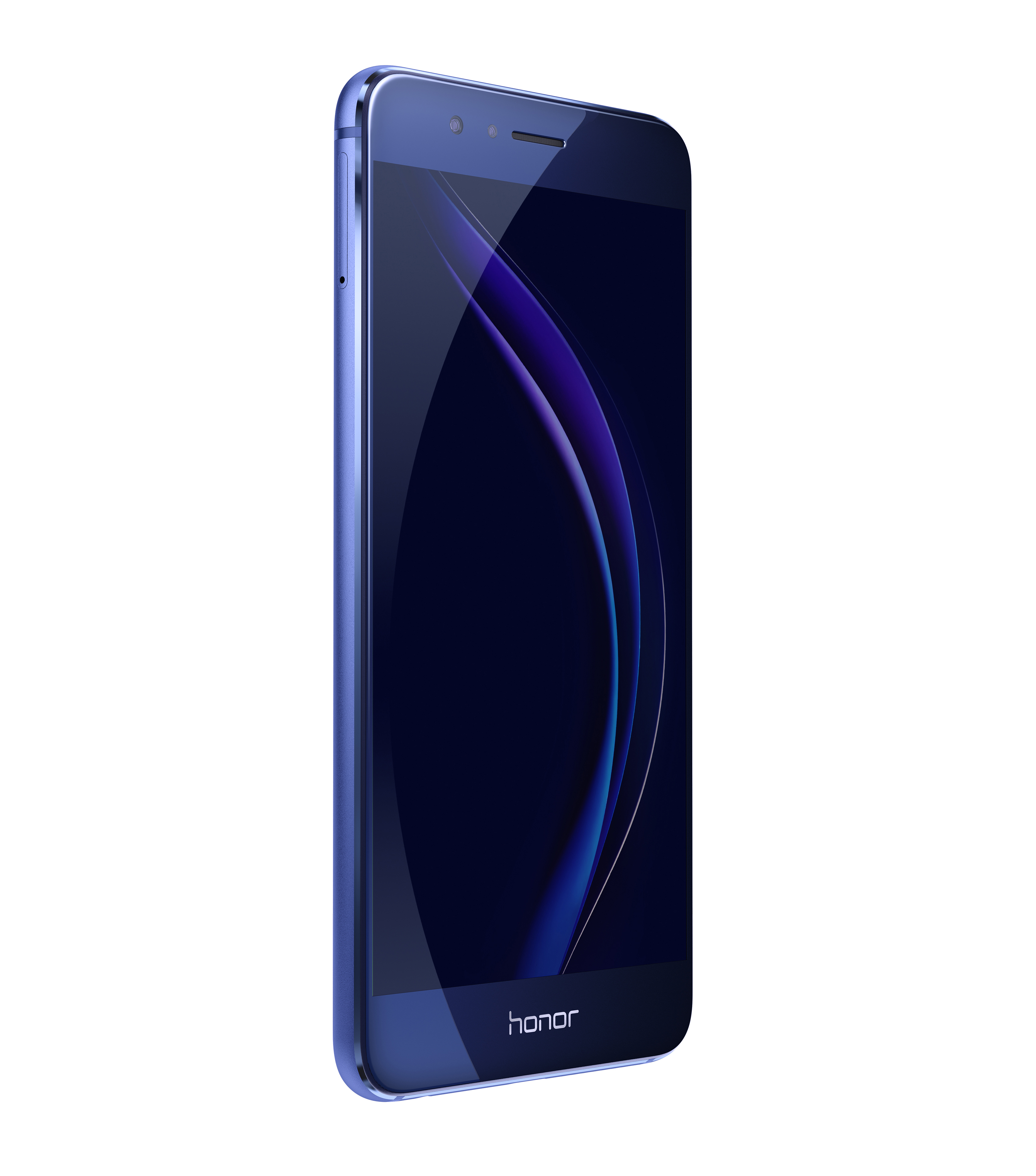 Blaues Honor-Telefon, leicht angewinkelt, mit einem gebogenen Bildschirm, der ein dunkles Design zeigt.