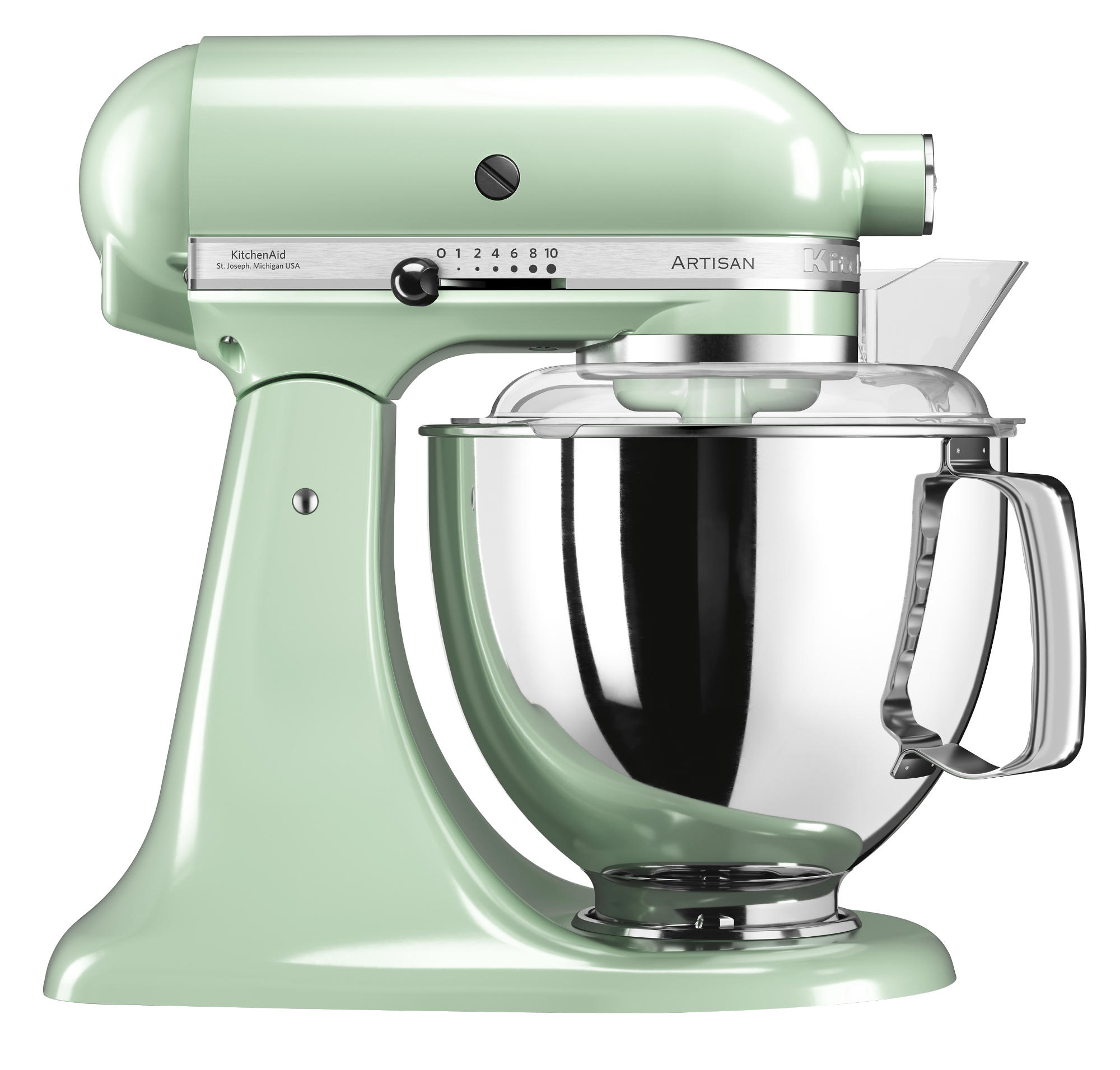 Mintgrüner KitchenAid Artisan Mixer mit Edelstahlschüssel und durchsichtigem Spritzschutz.