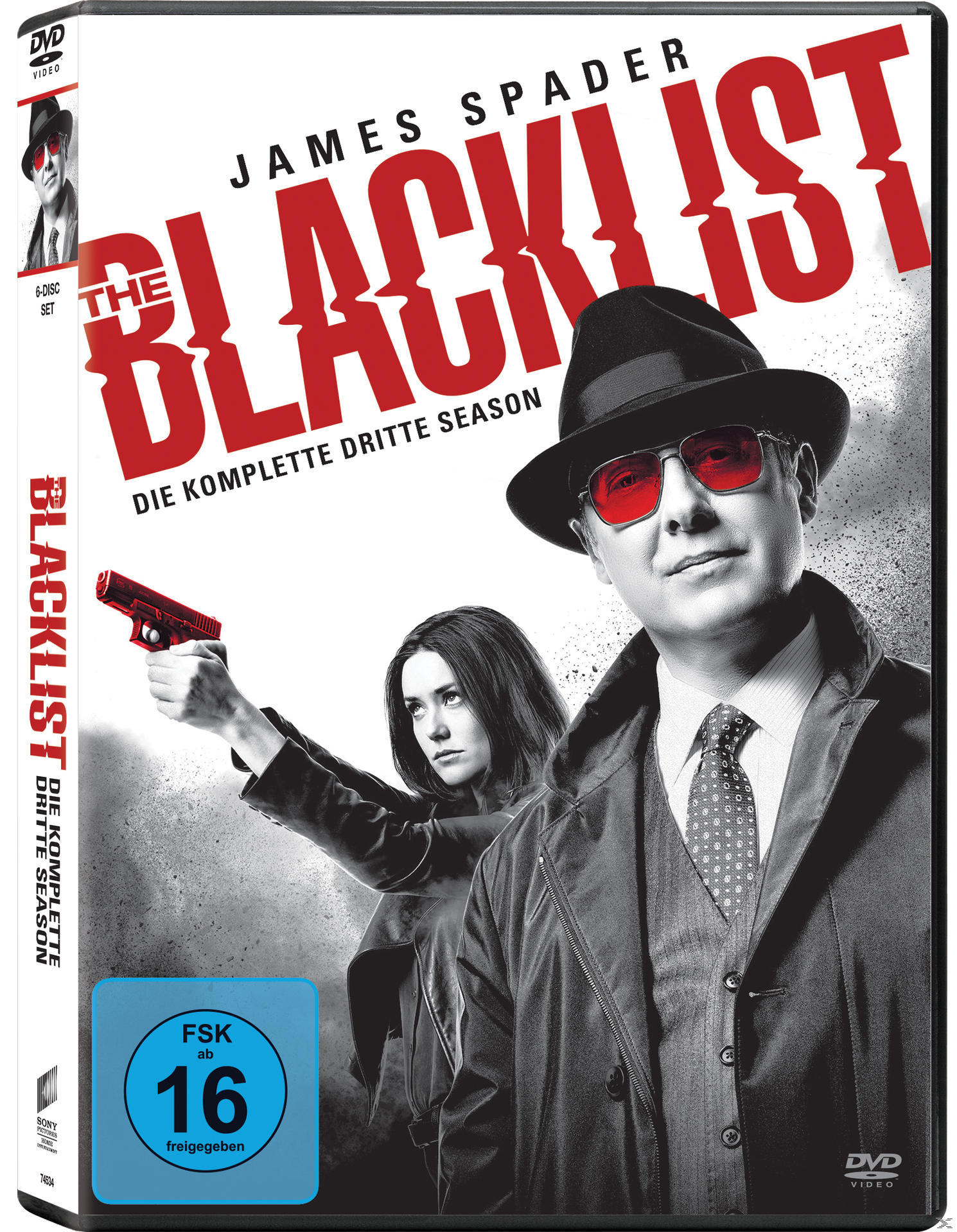 DVD-Hülle von The Blacklist. James Spader mit roter Brille und eine Frau mit einer Waffe.